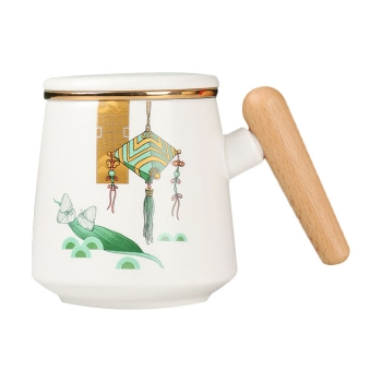 Dragon Boat Festival Wooden Handle Ceramic Cup