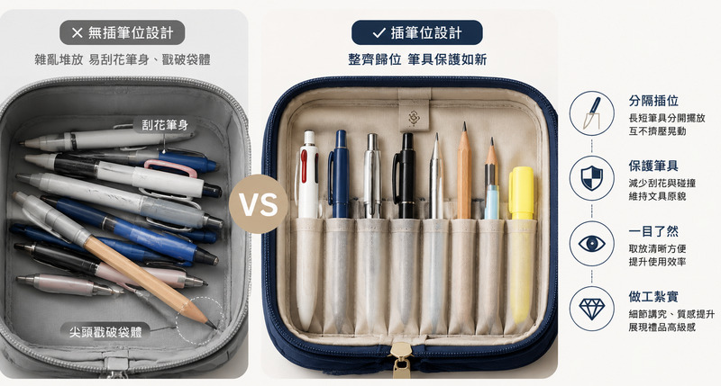 文具袋內部結構設計，插筆位網袋鬆緊帶實用解析