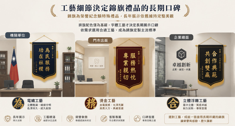 錦旗定製工藝解析，刺繡發泡燙金立體與耐用對比