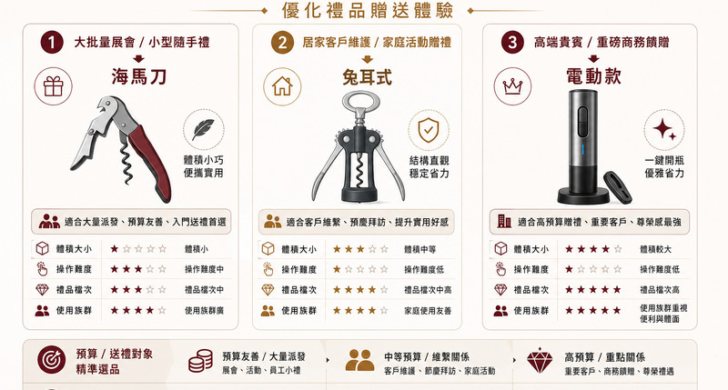 紅酒開瓶器禮品選用，海馬刀兔耳電動款機能對比
